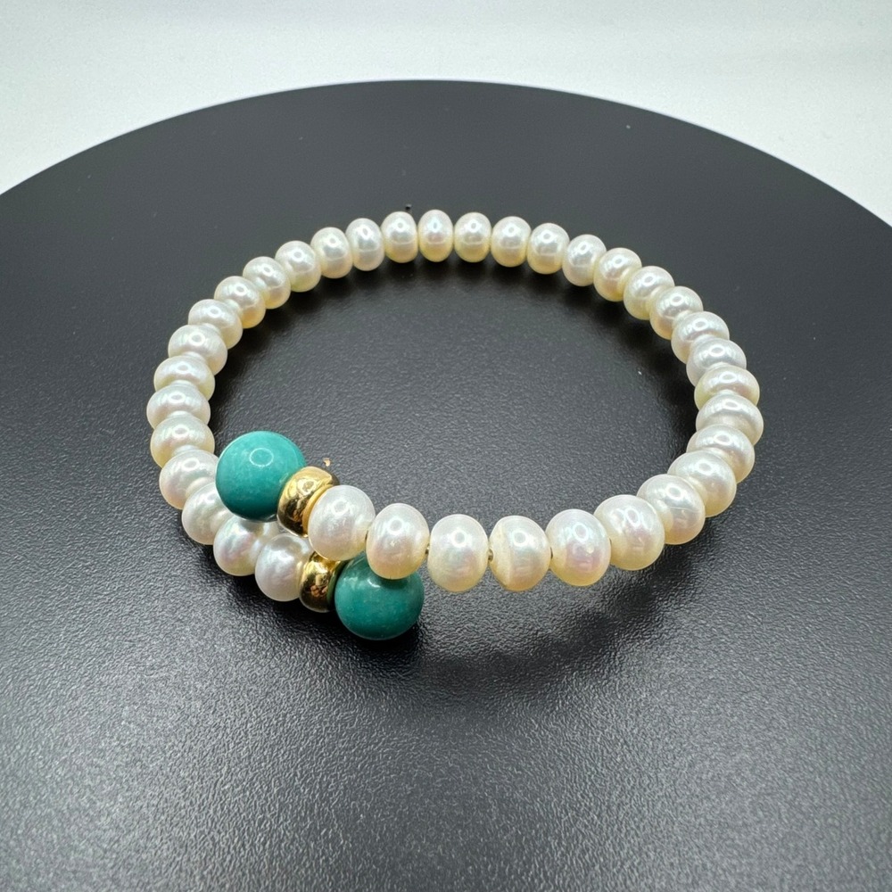 Freshwater Pearl Bracelet Turquoise Gold Bead Stretchy Boho Chic D14Q